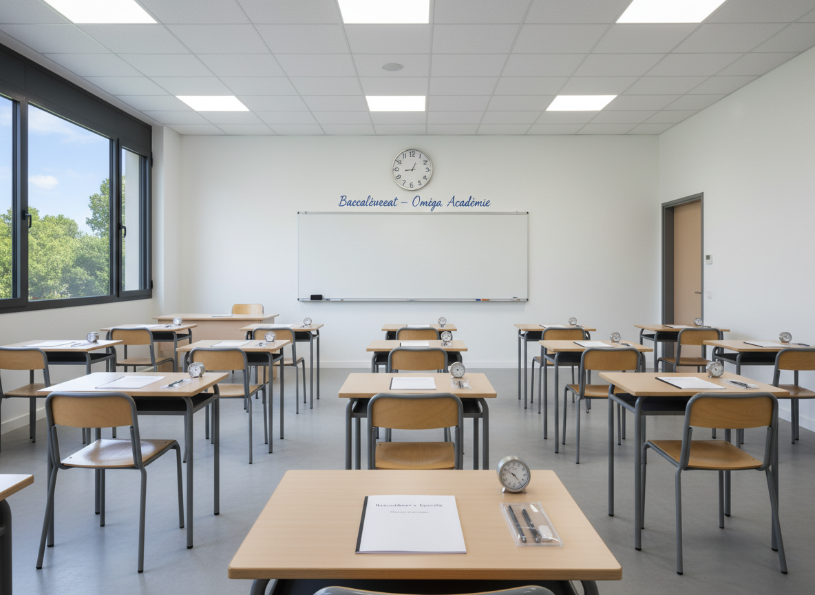 A refined high school exam setting with individual light-wood desks evenly spaced in a spacious, immaculate classroom. Each desk holds a single exam booklet, a transparent pencil case with sharpened pencils and an eraser, and a minimalist analog clock visible at the front of the room. The whiteboard is wiped clean except for the discrete heading “Baccalauréat – Oméga Académie” written in elegant blue marker. Cool, even overhead lighting ensures no harsh shadows, producing a neutral, focused atmosphere. Photographic realism, shot from a slightly elevated, centered perspective, highlighting symmetry and order, and capturing the serious, professional mood of final exams in a rigorous private lycée.