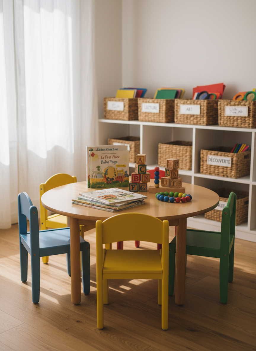 A serene early-learning corner designed for kindergarten within a private school, featuring a circular low wooden table surrounded by small, sturdy chairs in muted primary colors. On the table lie neatly stacked picture books in French, wooden alphabet blocks, and a set of clean, colorful counting beads. Behind, open shelving houses labeled baskets for reading, art, and discovery activities, all meticulously ordered. Soft, natural daylight filters through sheer white curtains, creating a gentle glow on the light hardwood floor and casting delicate shadows from the toys. Photographic realism, captured at child-eye level with a shallow depth of field to emphasize the table, conveying a nurturing yet structured environment for young learners.
