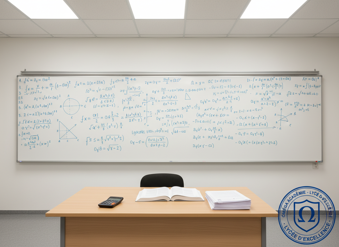 An advanced mathematics classroom prepared for a lycée-level course, with a large, wall-mounted whiteboard densely but neatly covered in blue and black marker equations, graphs, and geometric diagrams. In front of it, a robust light-wood teacher’s desk holds an open textbook, a high-quality scientific calculator, and a stack of carefully aligned graded papers stamped with the crest of “Oméga Académie.” The room is lit by bright, neutral overhead lighting, creating crisp contrasts without glare. Photographic realism, shot from a mid-height frontal angle, with the whiteboard text legible and the desk in sharp focus. The mood is demanding yet orderly, underscoring academic rigor and excellence in a professional educational setting.