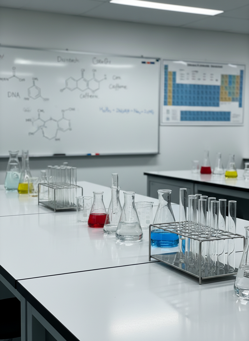 A well-equipped science laboratory prepared for a secondary-level lesson, featuring immaculate white workbenches topped with neatly arranged glass beakers, Erlenmeyer flasks, and test tubes held in stainless steel racks. Colorful, translucent liquids in primary hues fill some of the vessels, catching the cool, bright overhead lighting. On the back wall, a large whiteboard displays carefully drawn molecular structures and formulas, while a periodic table poster adds subtle color. Photographic realism, shot from a slightly elevated angle with moderate depth of field so the foreground glassware is crisply in focus and the background gently softened. The mood is rigorous, professional, and intellectually curious, reflecting high academic standards of a private general education academy.