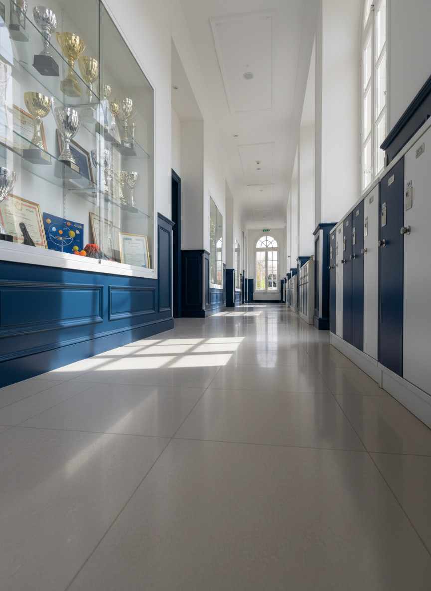 An elegant school corridor in a private French institution, with smooth light-gray tiled floors, white walls accented by deep blue baseboards, and glass display cases showcasing academic trophies, science fair models, and framed certificates. Along one side, locker doors in coordinated shades of navy and white are perfectly aligned, each with a discreet numbering system. Large windows at the far end flood the hallway with clear daylight, casting long, soft shadows and reflections on the floor. Photographic realism, captured from a low, slightly angled perspective that draws the eye toward the vanishing point, evoking a sense of structure, discipline, and aspiration from kindergarten through lycée.