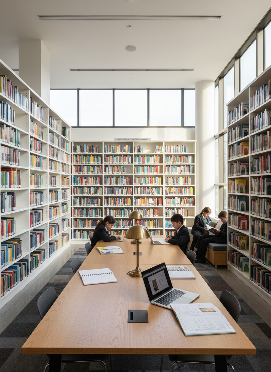 A bright, contemporary school library interior with tall white shelves filled with colorful, well-kept books arranged by level from early reading to advanced literature and science. At the center stands a broad oak study table with neatly aligned notebooks, a sleek silver laptop showing an open digital textbook, and a classic brass reading lamp. Large windows on the side let in soft afternoon natural light, gently illuminating the spines of the books and creating a warm, inviting glow. Photographic realism, wide-angle shot with sharp focus throughout, conveying an atmosphere of academic excellence, quiet concentration, and professional organization for a private educational institution.